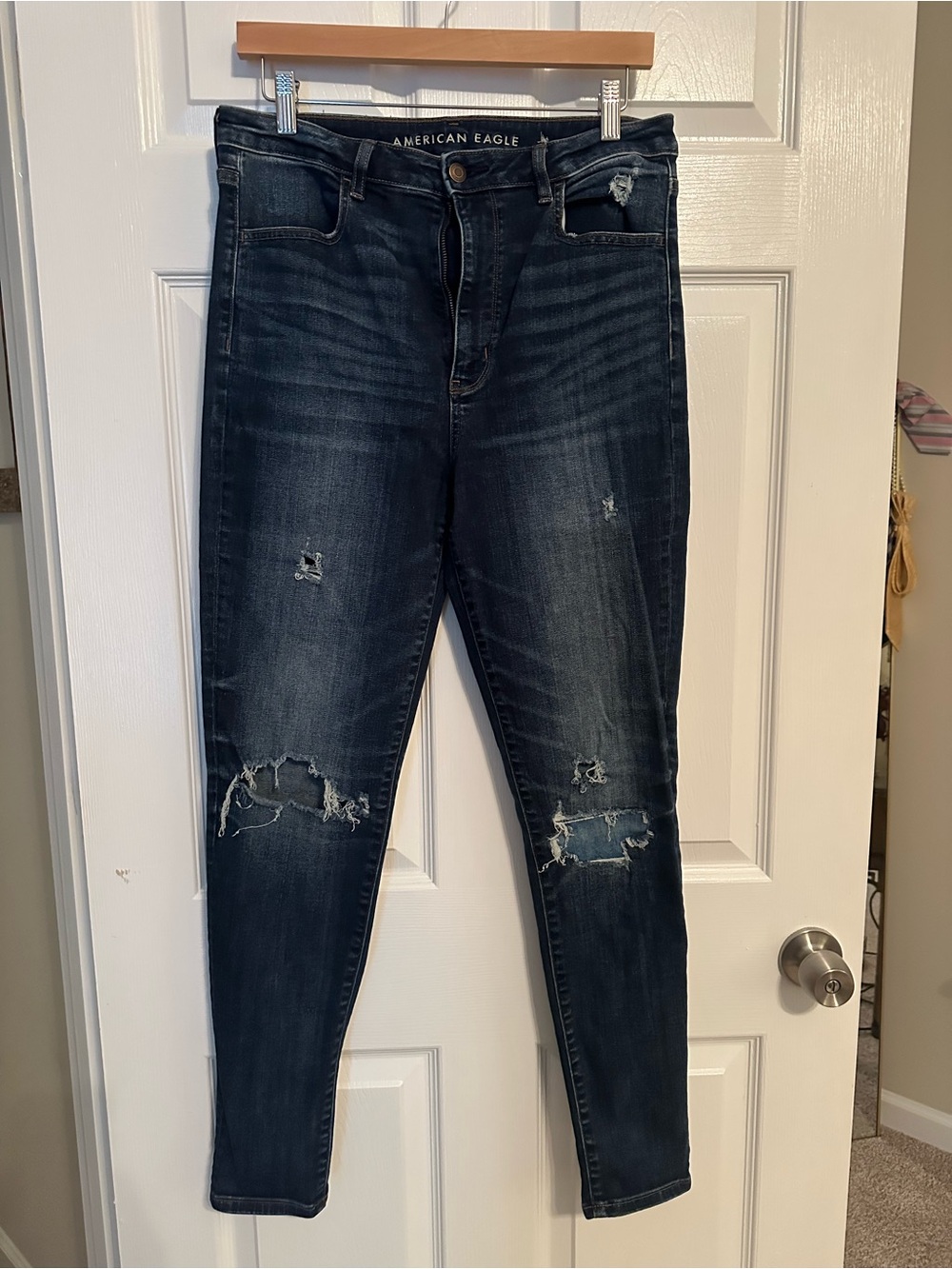 American Eagle Outfitters Dark Blue Ripped High-Rise Skinny Jeans